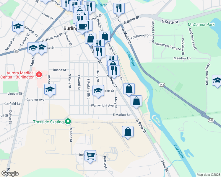 map of restaurants, bars, coffee shops, grocery stores, and more near 359 South Pine Street in Burlington