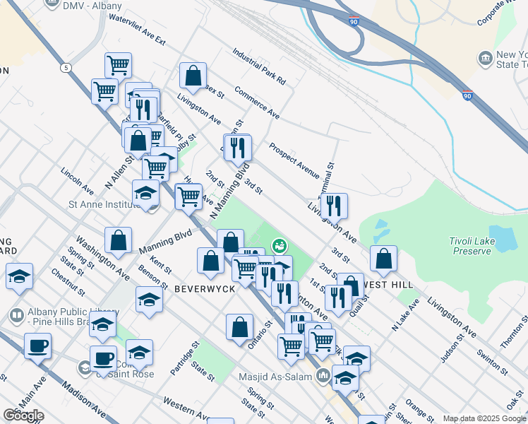 map of restaurants, bars, coffee shops, grocery stores, and more near 633 2nd Street in Albany