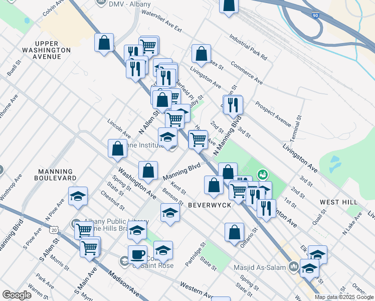 map of restaurants, bars, coffee shops, grocery stores, and more near 590 Central Avenue in Albany