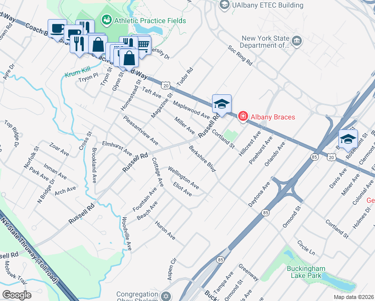 map of restaurants, bars, coffee shops, grocery stores, and more near 57 Russell Road in Albany