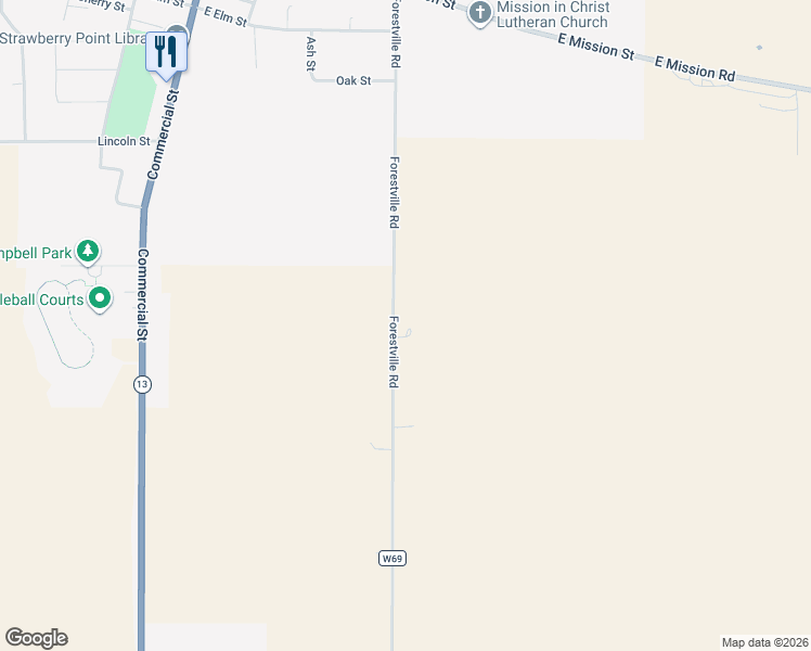 map of restaurants, bars, coffee shops, grocery stores, and more near 37428-37728 Forestville Road in Strawberry Point