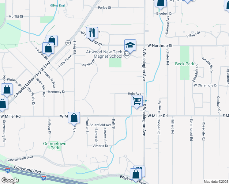 map of restaurants, bars, coffee shops, grocery stores, and more near 958 Hein Avenue in Lansing
