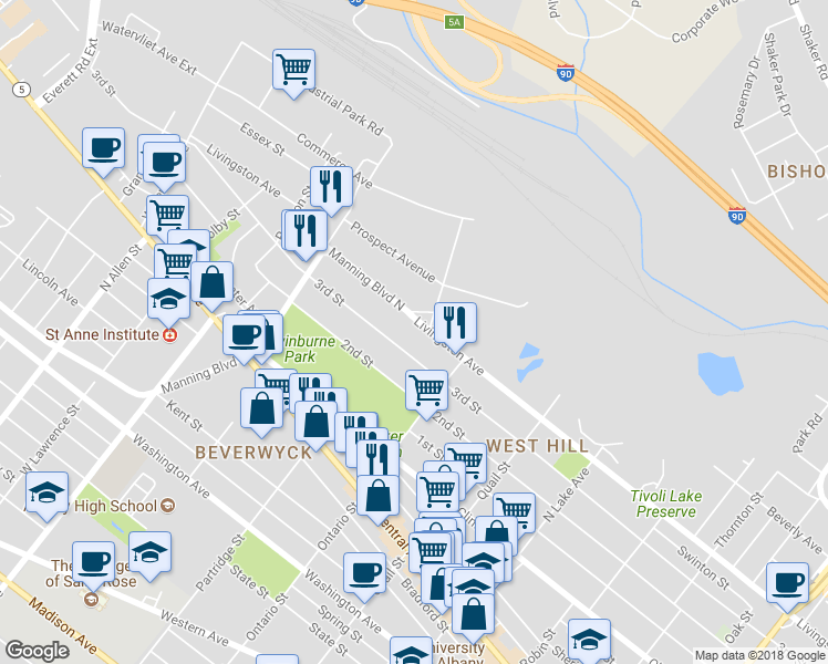 map of restaurants, bars, coffee shops, grocery stores, and more near 624 Livingston Avenue in Albany