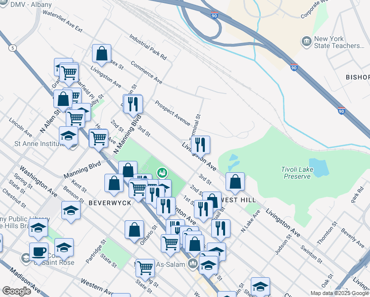 map of restaurants, bars, coffee shops, grocery stores, and more near 620 Livingston Avenue in Albany