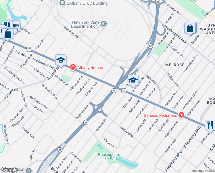 map of restaurants, bars, coffee shops, grocery stores, and more near 884 Western Avenue in Albany