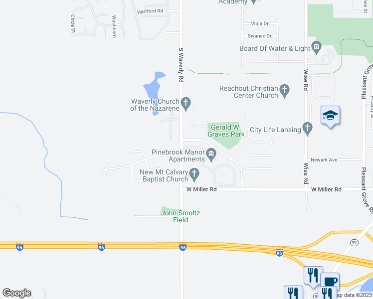 map of restaurants, bars, coffee shops, grocery stores, and more near 5919 South Waverly Road in Lansing