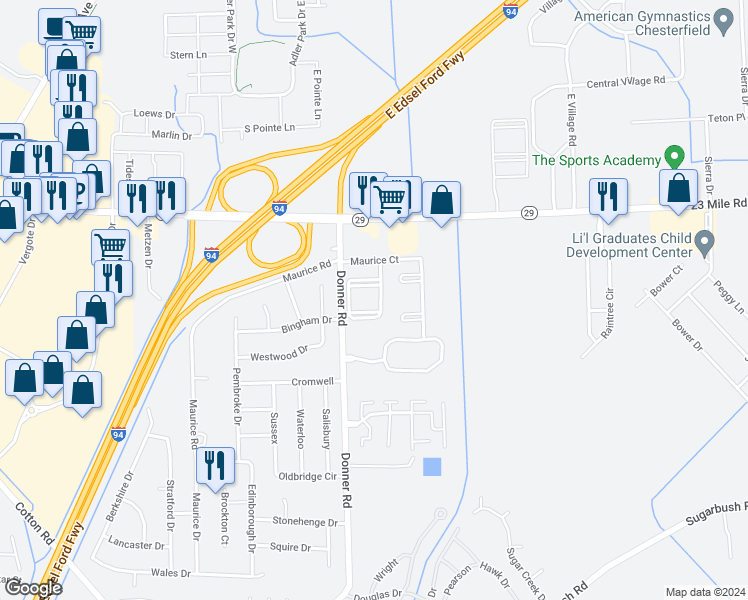 map of restaurants, bars, coffee shops, grocery stores, and more near 50407 Bay Run South in New Baltimore