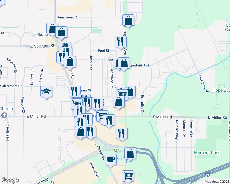 map of restaurants, bars, coffee shops, grocery stores, and more near 5901 Richwood Street in Lansing