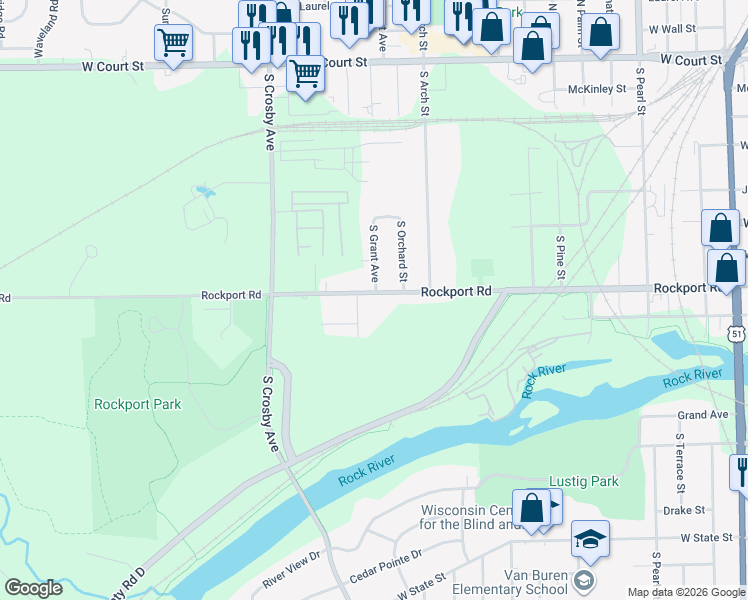 map of restaurants, bars, coffee shops, grocery stores, and more near 2206 Rockport Road in Janesville