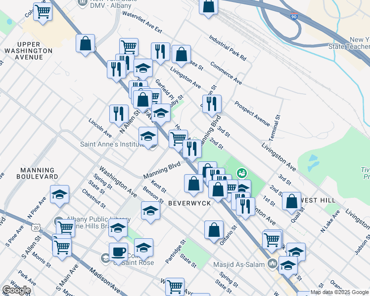 map of restaurants, bars, coffee shops, grocery stores, and more near 576 Central Avenue in Albany