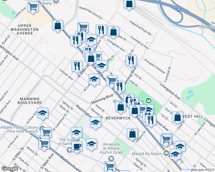 map of restaurants, bars, coffee shops, grocery stores, and more near 576 Central Avenue in Albany
