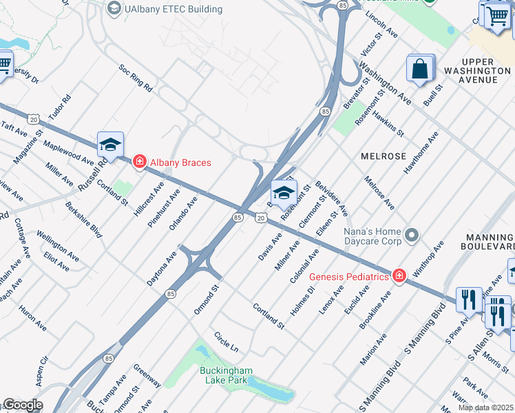 map of restaurants, bars, coffee shops, grocery stores, and more near in Albany