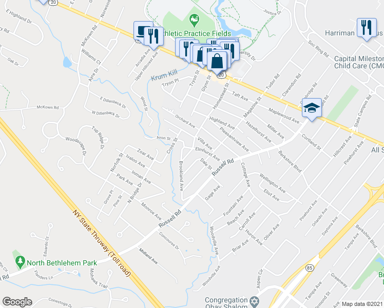map of restaurants, bars, coffee shops, grocery stores, and more near 54 Elmhurst Avenue in Albany
