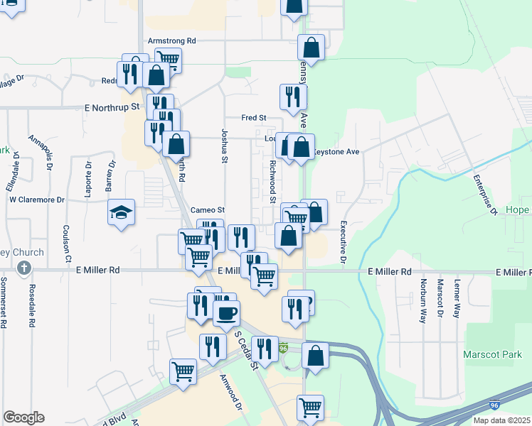 map of restaurants, bars, coffee shops, grocery stores, and more near 5901 Richwood Street in Lansing