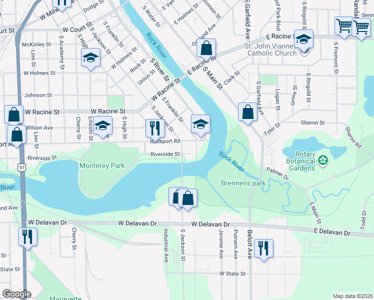 map of restaurants, bars, coffee shops, grocery stores, and more near 709 South Jackson Street in Janesville