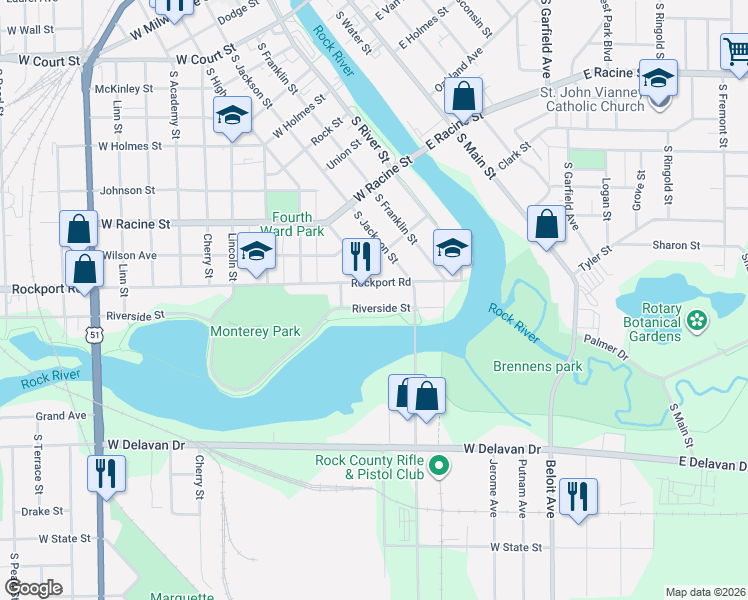 map of restaurants, bars, coffee shops, grocery stores, and more near 275 Rockport Road in Janesville