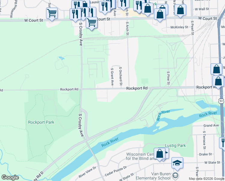 map of restaurants, bars, coffee shops, grocery stores, and more near 2206 Rockport Road in Janesville