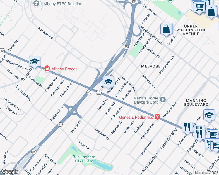 map of restaurants, bars, coffee shops, grocery stores, and more near 14 Rosemont Street in Albany