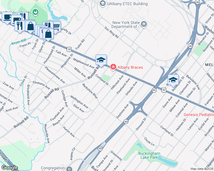 map of restaurants, bars, coffee shops, grocery stores, and more near 31 Beacon Avenue in Albany