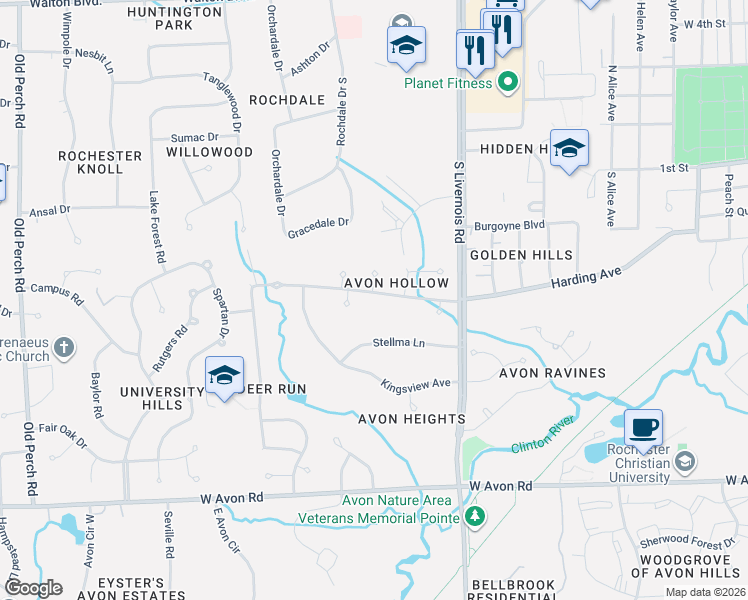 map of restaurants, bars, coffee shops, grocery stores, and more near 1171 Springwood Lane in Rochester Hills
