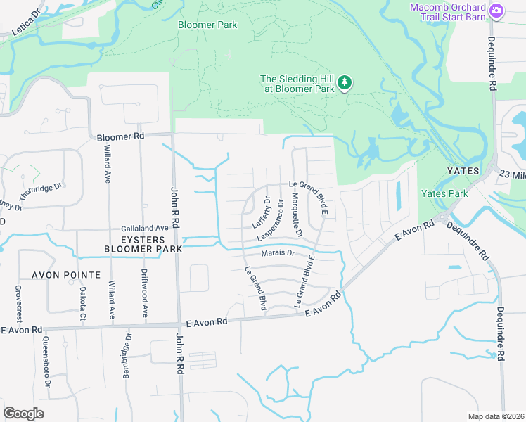 map of restaurants, bars, coffee shops, grocery stores, and more near 600-698 Lafferty Drive in Rochester Hills