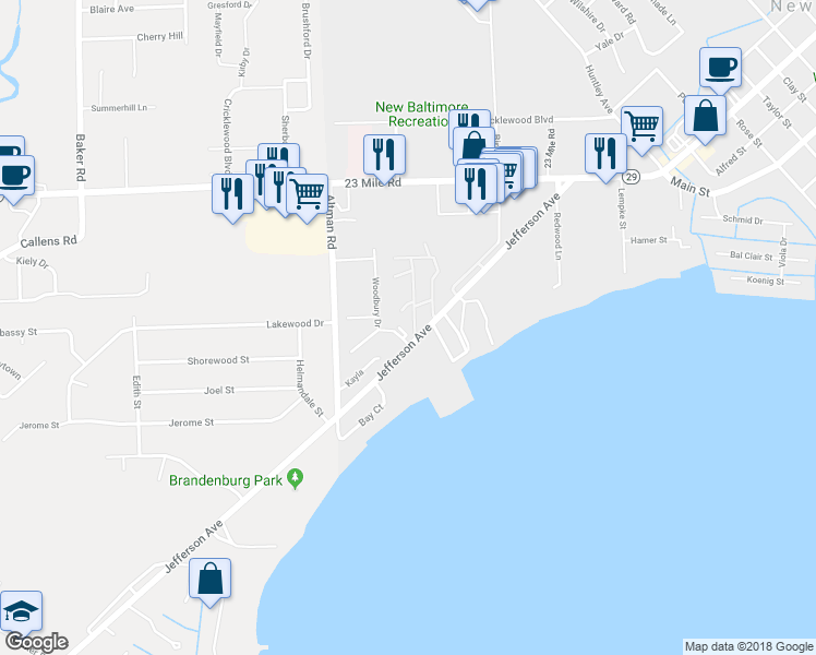 map of restaurants, bars, coffee shops, grocery stores, and more near 35149 Woodbury Drive in New Baltimore
