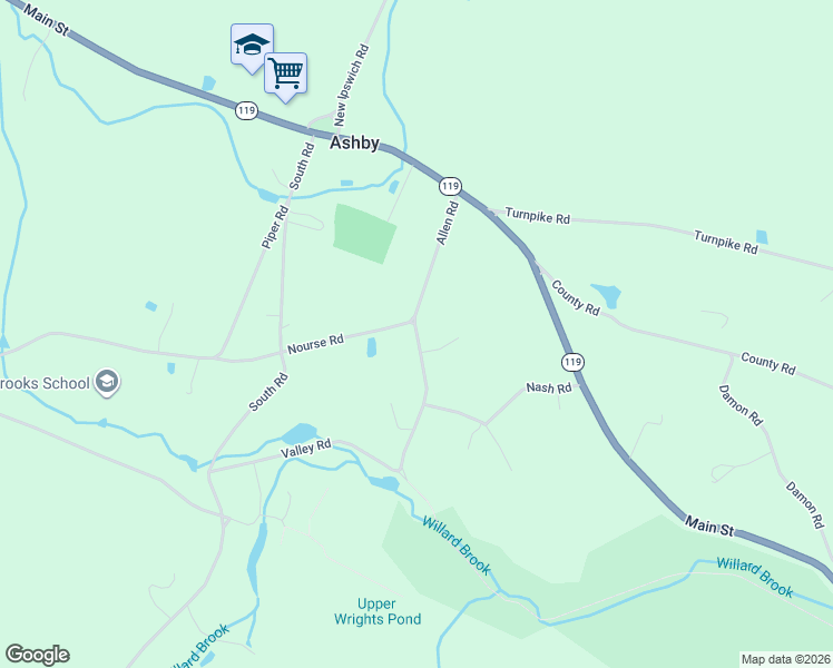 map of restaurants, bars, coffee shops, grocery stores, and more near 202 Nourse Road in Ashby