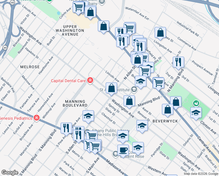 map of restaurants, bars, coffee shops, grocery stores, and more near 282 Manning Boulevard in Albany