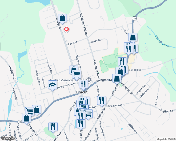 map of restaurants, bars, coffee shops, grocery stores, and more near 59 Champlain Street in Dracut