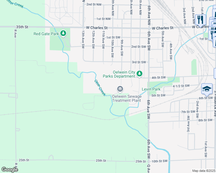 map of restaurants, bars, coffee shops, grocery stores, and more near in Oelwein