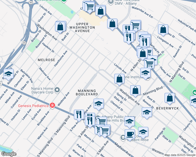 map of restaurants, bars, coffee shops, grocery stores, and more near 153 Manning Boulevard in Albany