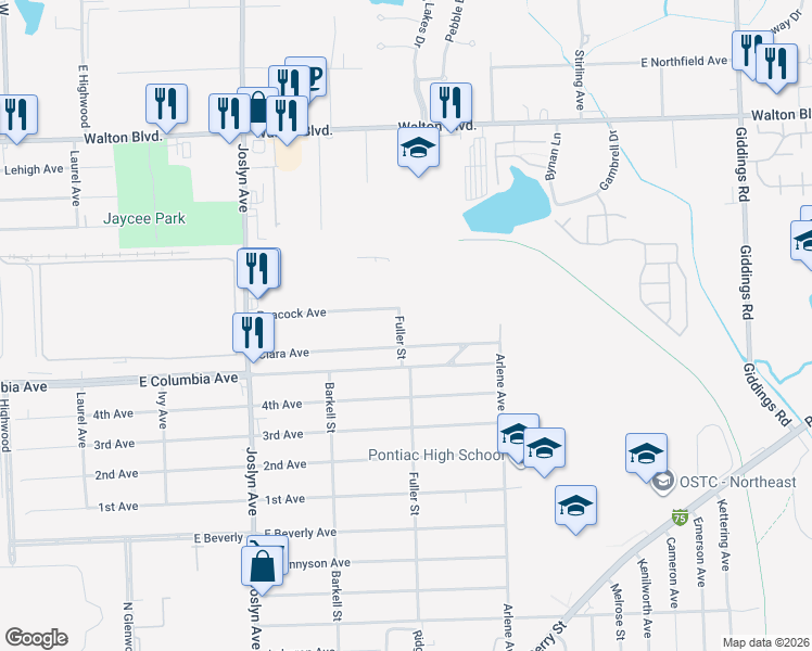 map of restaurants, bars, coffee shops, grocery stores, and more near 1226 Fuller Street in Pontiac