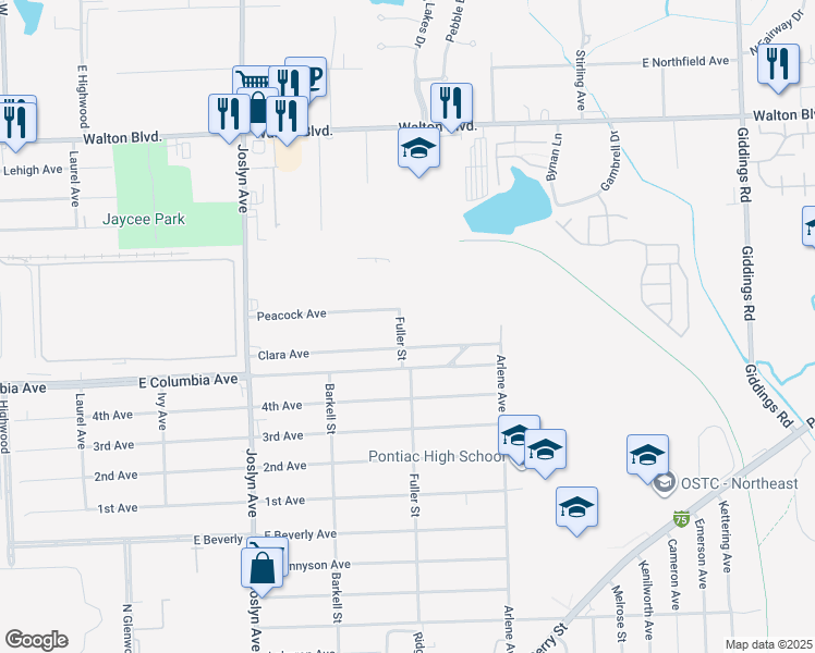map of restaurants, bars, coffee shops, grocery stores, and more near 1226 Fuller Street in Pontiac