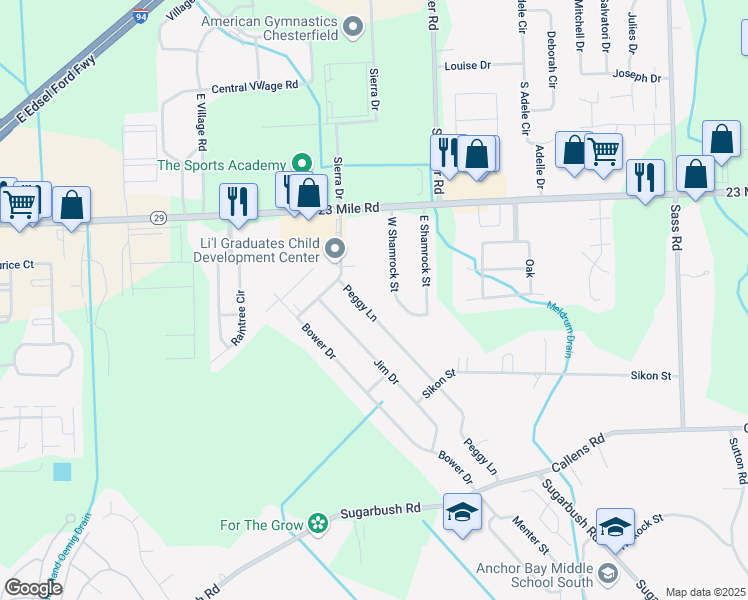 map of restaurants, bars, coffee shops, grocery stores, and more near 50666 Peggy Lane in New Baltimore