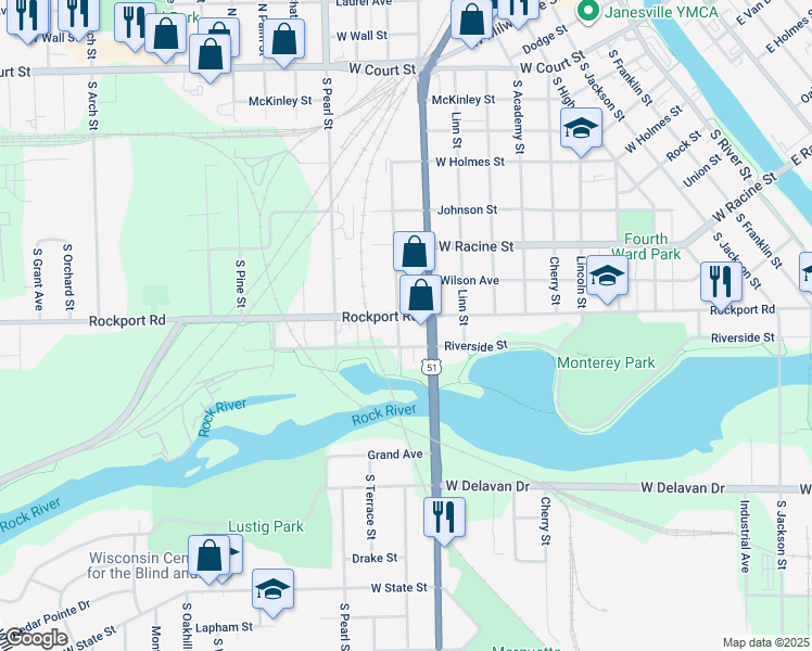map of restaurants, bars, coffee shops, grocery stores, and more near 701 South Washington Street in Janesville