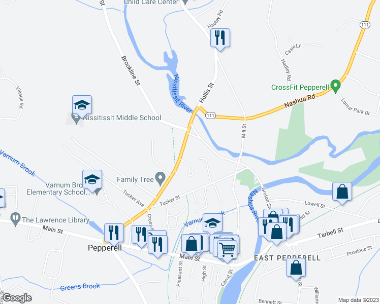 map of restaurants, bars, coffee shops, grocery stores, and more near 39 Hollis Street in Pepperell