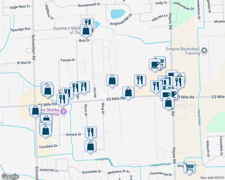 map of restaurants, bars, coffee shops, grocery stores, and more near 14497 23 Mile Road in Shelby Charter Township