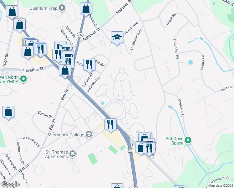 map of restaurants, bars, coffee shops, grocery stores, and more near 50 Royal Crest Drive in North Andover