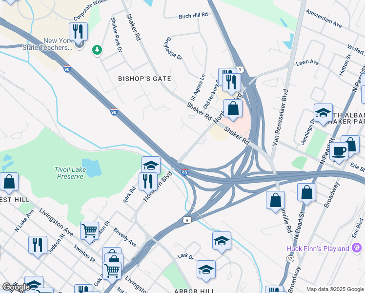 map of restaurants, bars, coffee shops, grocery stores, and more near 325 Northern Boulevard in Albany