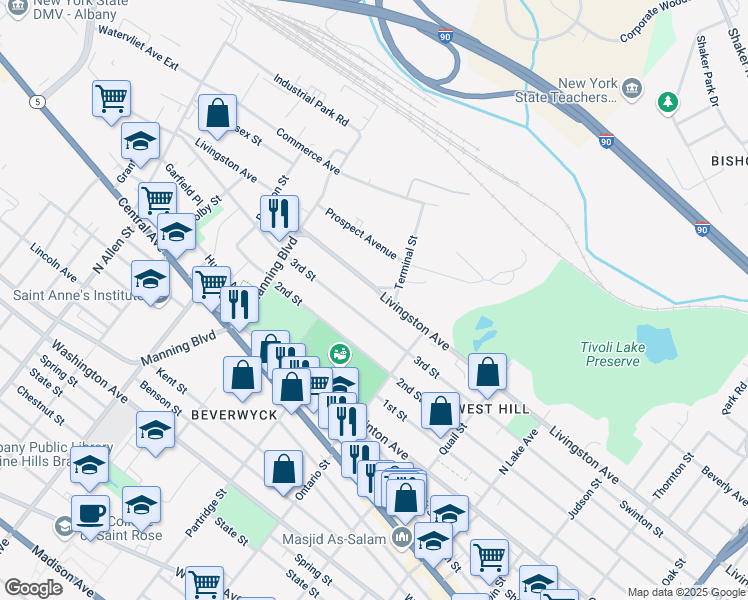 map of restaurants, bars, coffee shops, grocery stores, and more near 624 Livingston Avenue in Albany