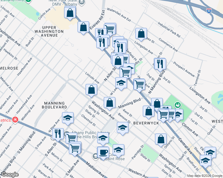 map of restaurants, bars, coffee shops, grocery stores, and more near 19 Lincoln Avenue in Albany