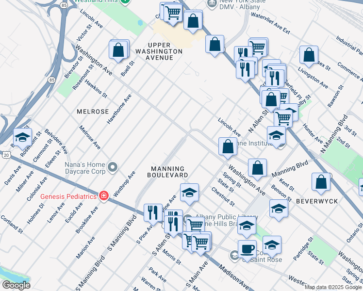 map of restaurants, bars, coffee shops, grocery stores, and more near 153 Manning Boulevard in Albany