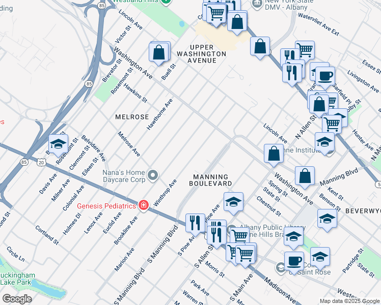 map of restaurants, bars, coffee shops, grocery stores, and more near 126 Winthrop Avenue in Albany