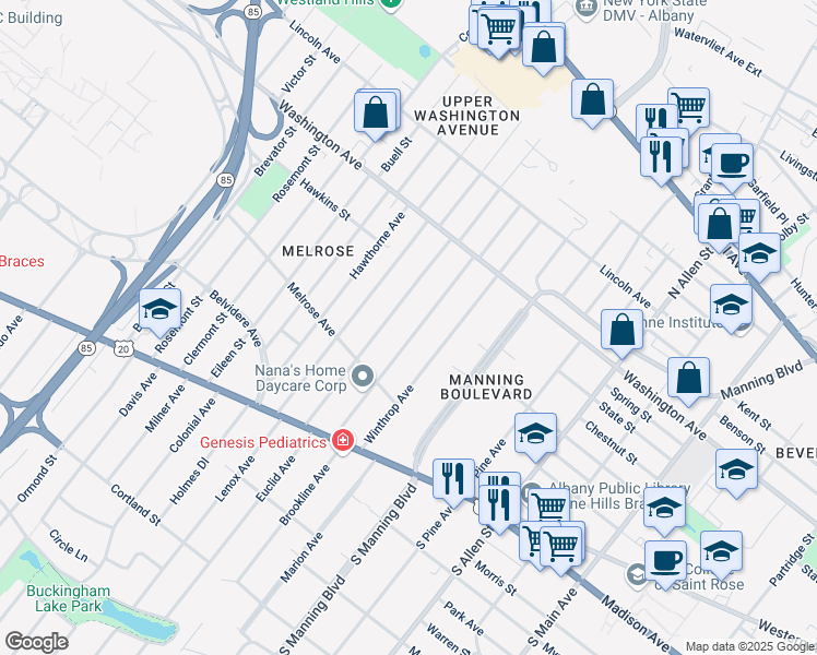 map of restaurants, bars, coffee shops, grocery stores, and more near 112 Homestead Avenue in Albany