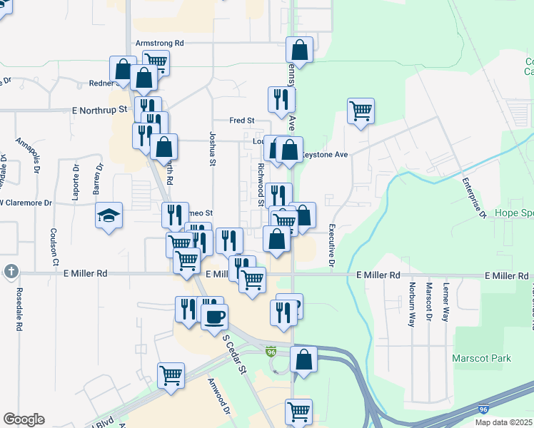 map of restaurants, bars, coffee shops, grocery stores, and more near 5901 Richwood Street in Lansing