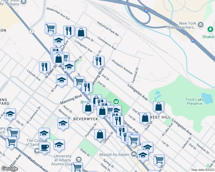 map of restaurants, bars, coffee shops, grocery stores, and more near 633 2nd Street in Albany