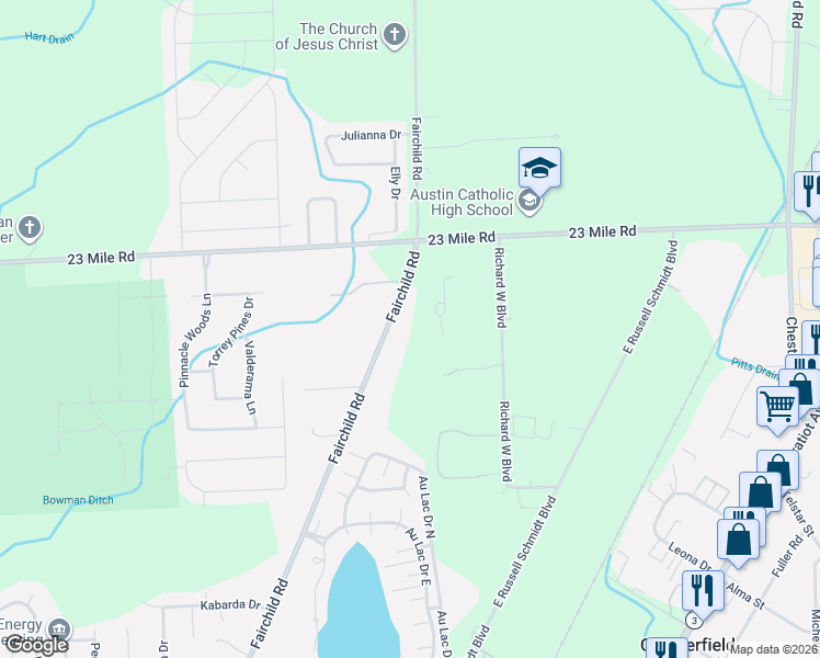 map of restaurants, bars, coffee shops, grocery stores, and more near 50650 Fairchild Road in New Baltimore