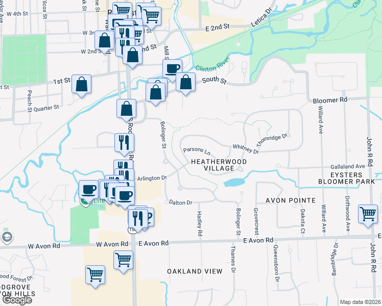 map of restaurants, bars, coffee shops, grocery stores, and more near 166 Parsons Lane in Rochester Hills