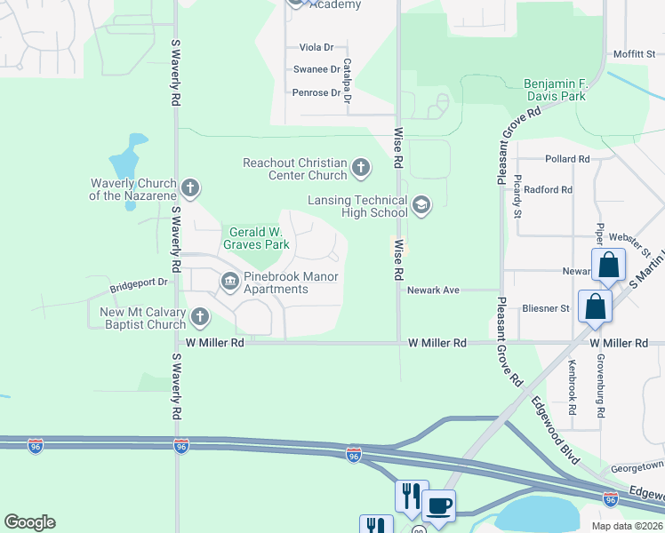 map of restaurants, bars, coffee shops, grocery stores, and more near 3337 Radford Drive in Lansing