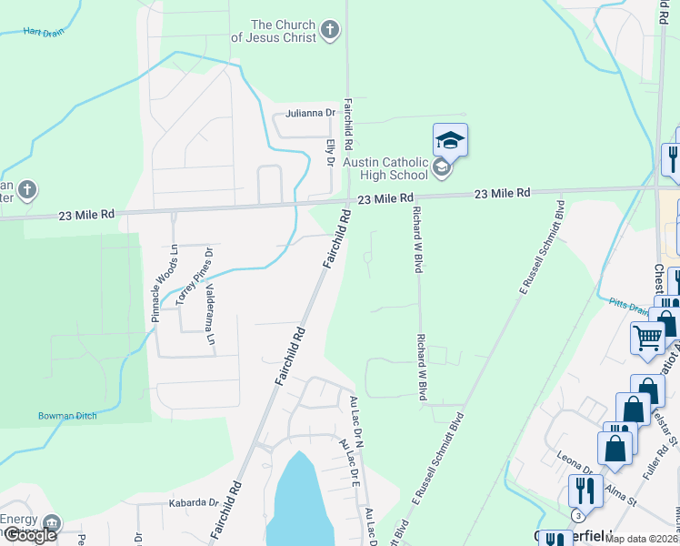map of restaurants, bars, coffee shops, grocery stores, and more near 50650 Fairchild Road in New Baltimore